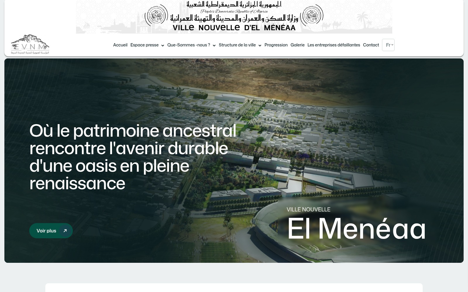 Page d’accueil du site Ville nouvelle El Ménéaa