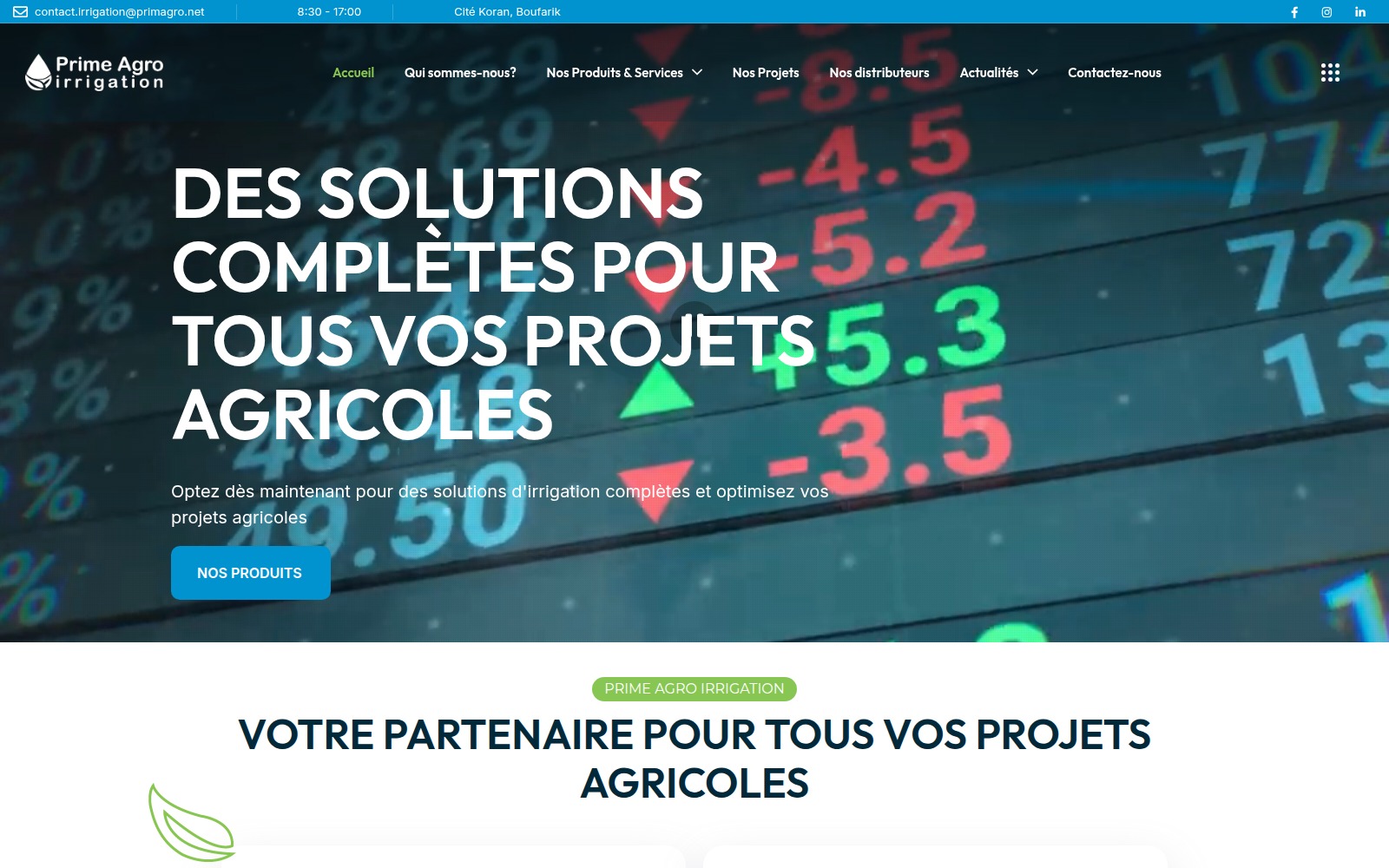 Page d’accueil du site Prime Agro Irrigation