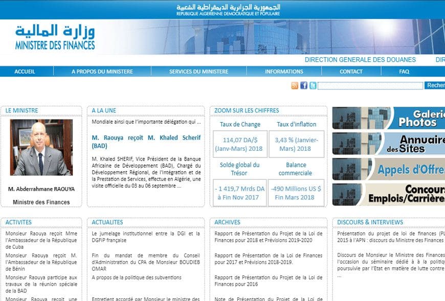 Page d’accueil du site Ministère des Finances